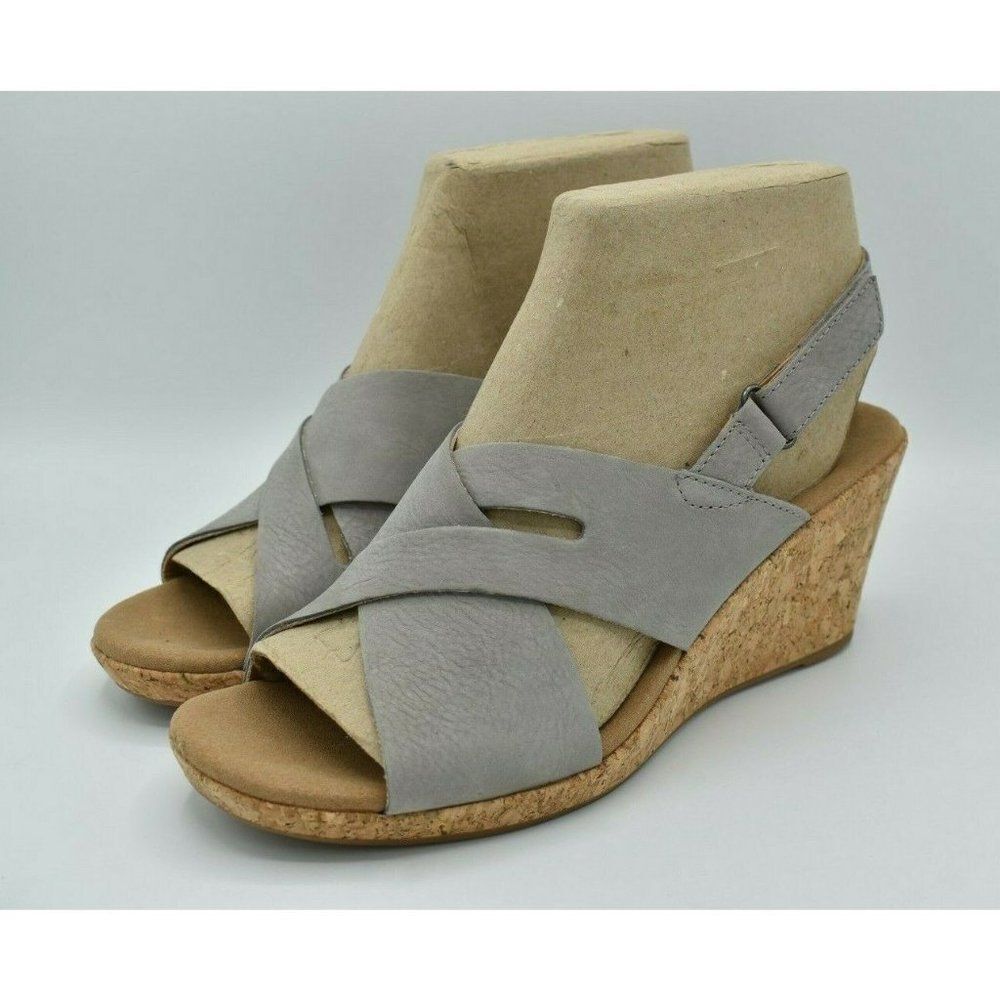 Rockport Womens Size 8.5 M Briah Slot Slingback Grey Wedge Sandals Shoes C15096